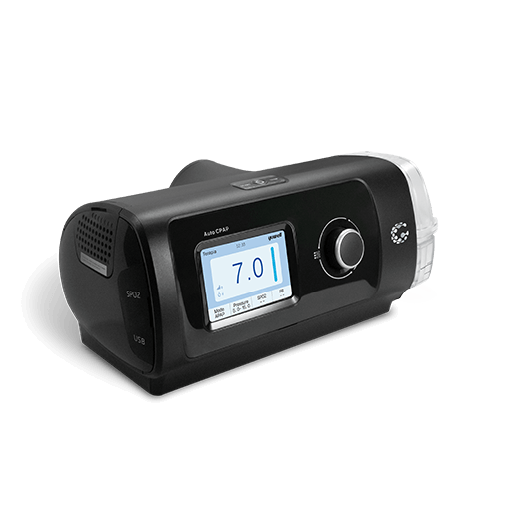 CPAP na cor preto fosco, com uma tela acesa informando o número de pressão 7.0. E no canto direito o logo da Gaslive.